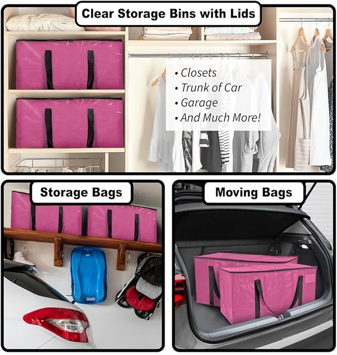 ClearSpace Heavy Duty Moving Bags or Storage Bags – Pink Storage Bins with Lids, Large Moving Boxes with Backpack Straps & Zippers,– Packing Box & Moving Supplies for College Dorm, 8 Pack