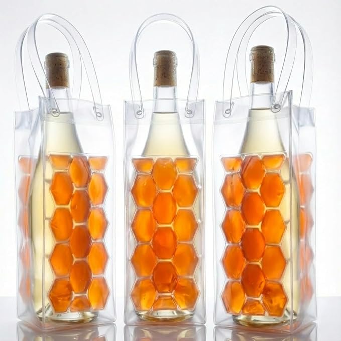 3-Pack Freezable Wine Cooler Bags with Built-in Gel Ice Packs - Portable Hexagon Wine Chiller Sleeve - Reusable Clear Folding Carrier Tote for Champagne, Beer, Picnic & Travel (orange）