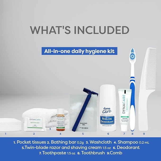 Dynarex DynaCare Daily Hygiene Kit - Travel Essentials Toiletry Bag - Includes TSA Approved Shampoo, Toothbrush Set, Razor and More - Blue, 1 Kit (10-Pieces)