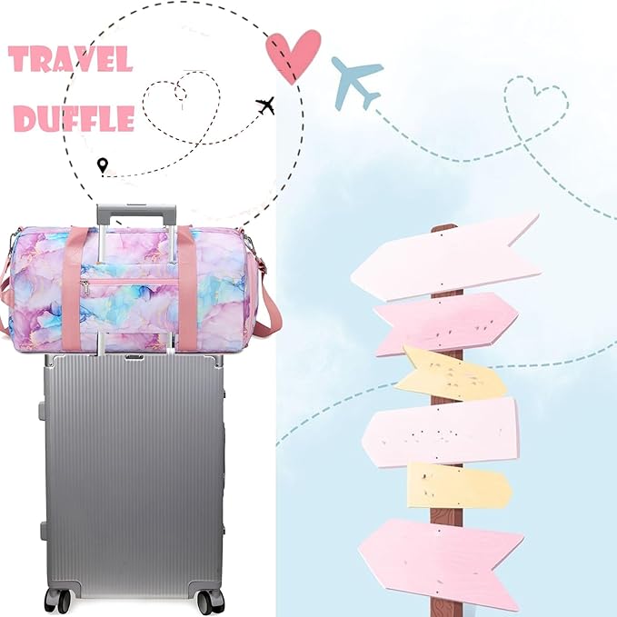 Dance Bag for Girls Gymnastics Ballet Bag Teens Gym Sports Bags Girls Overnight Sleepover Kids Duffle Bags with Shoe Compartments and Wet Pocket,Marble Pink