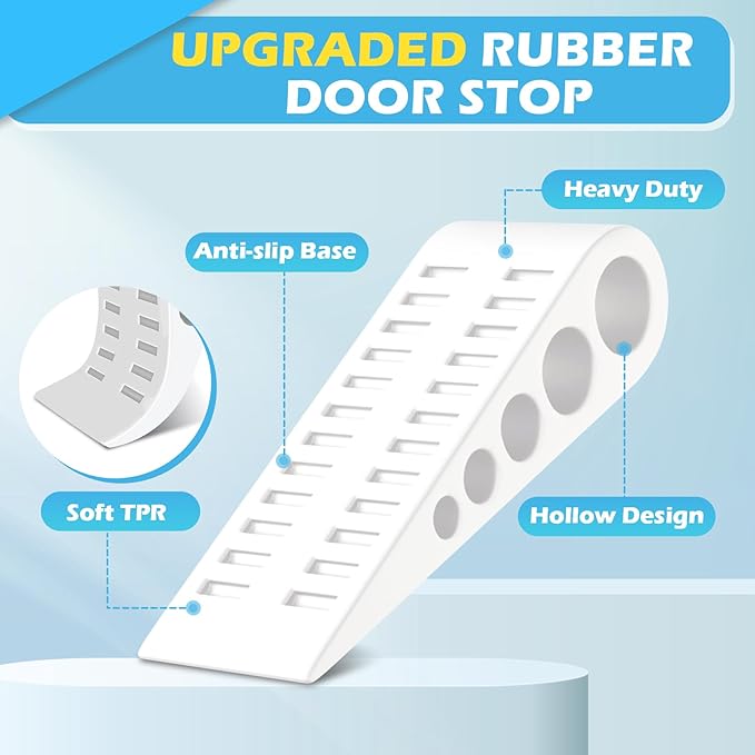 Rubber Door Stoppers for Bottom of Door - 4 Pack Door Stop Wedge with Holder Heavy Duty Doorstop for Home Office Classroom Garage Stackable on Multi Floor Carpet Concrete Tile Linoleum & Wood White