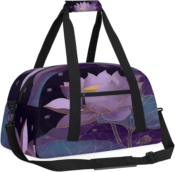 Kids Duffle Bag Girls Boys Bohemian Purple Lotus Floral Weekender Overnight Bag,Lightweight Duffel Bags for Traveling Gym Sport Dance