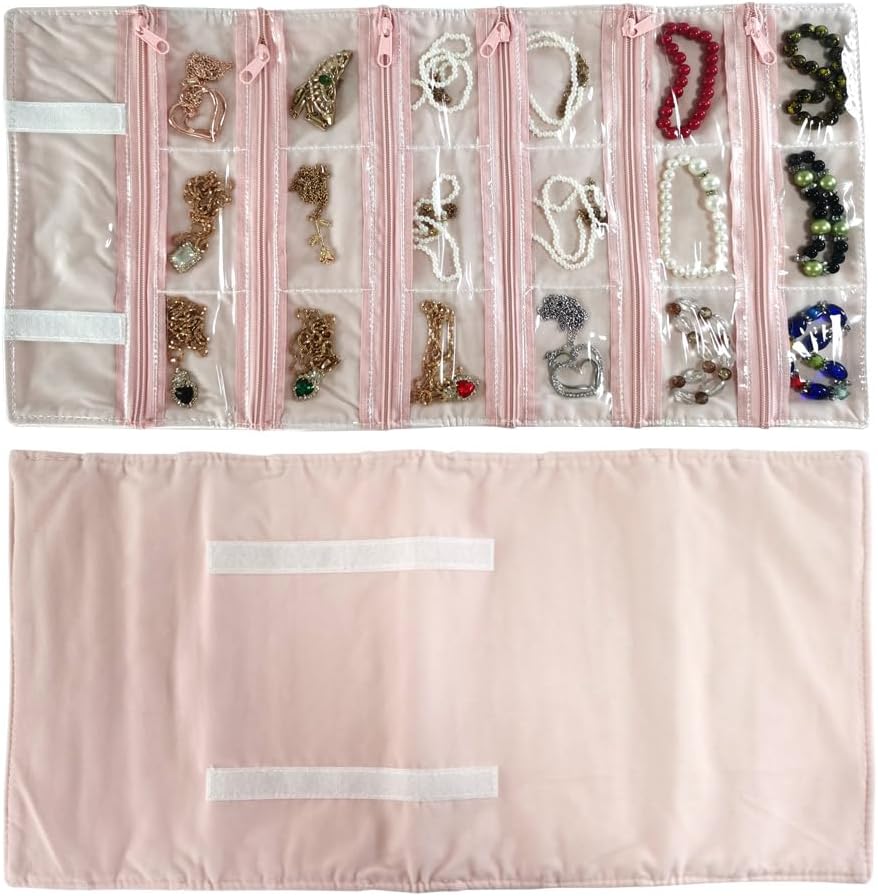 Travel Jewelry Roll Bag Portable Organizer Pouch With Grids&PVC Cover Storage Bags for Necklace, Bracelet, Bracelet,Ring, Badge, Pendant