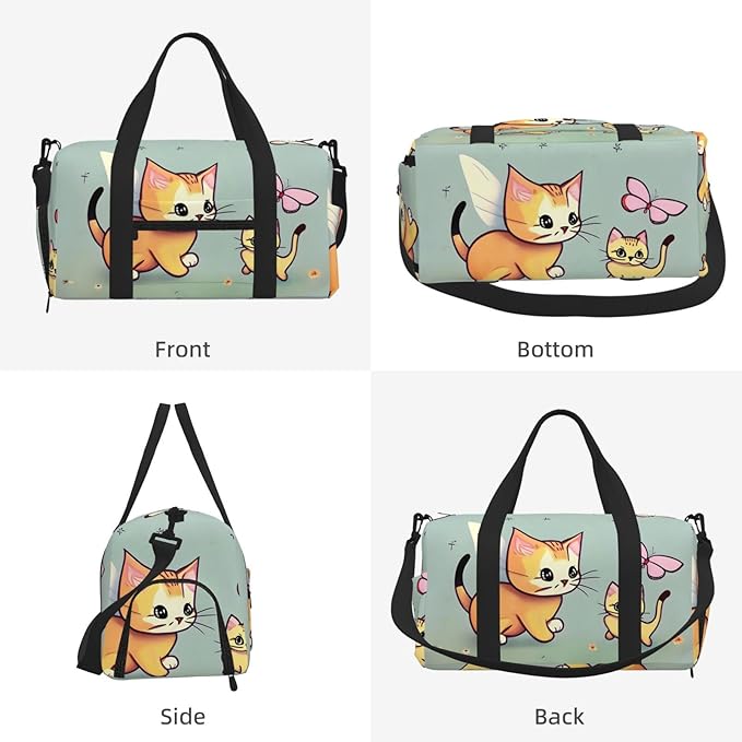 Kitten Butterfly Print Gym Bag with Shoe Compartment for Women Men, 17.7in Sports Duffle Weekender Tote, Overnight Travel Duffel Bag Carry On