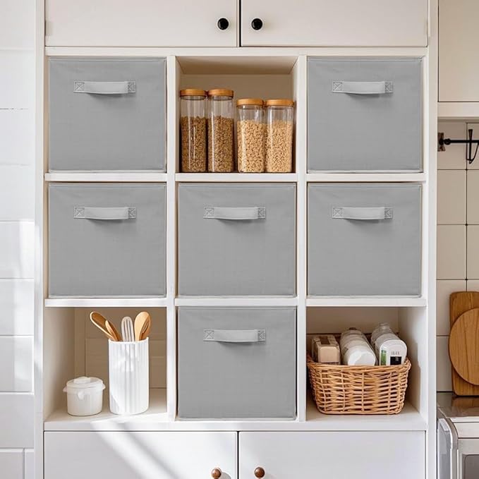 11 Inch Fabric Storage Cubes, Sturdy Foldable Storage Bins, Heavy Duty Cube Organizer for Clothes, Blankets, Shelves, Closets, Bedroom, Living Room, Gray, 8 Pack