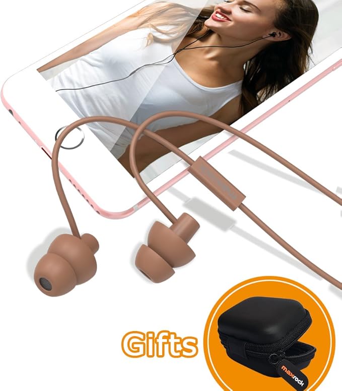 MAXROCK Sleeping Headphones, in-Ear Soundproof Earplug Soft Earbuds with Mic Noise Cancelling Sleep Earphones for Side Sleeper, Insomnia, Snoring, Air Travel, Bedtime Listening (Coffee)