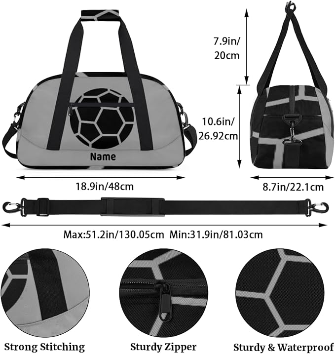 Custom Name Gray Black Soccer Boys Gym Travel Duffle Bag with Front Zipper Pocket Personalizedfor Sports Bag for Overnight, Weekender, Carry On,Workout & Dance, 18.9 * 8.7 * 10.6 in