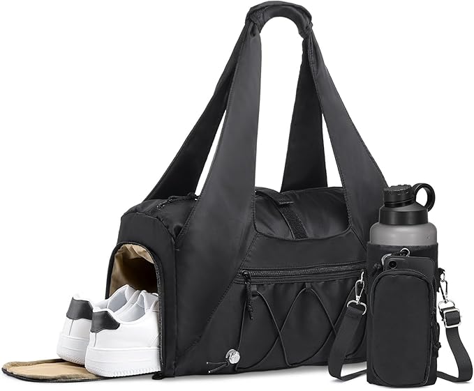Small Gym Bag for Women, Mini Duffel Bag with Shoe Compartment, Cute Sports Tote Bag Dance Yoga Mat Luggage with Crossbody Water Bottle Bag, Black
