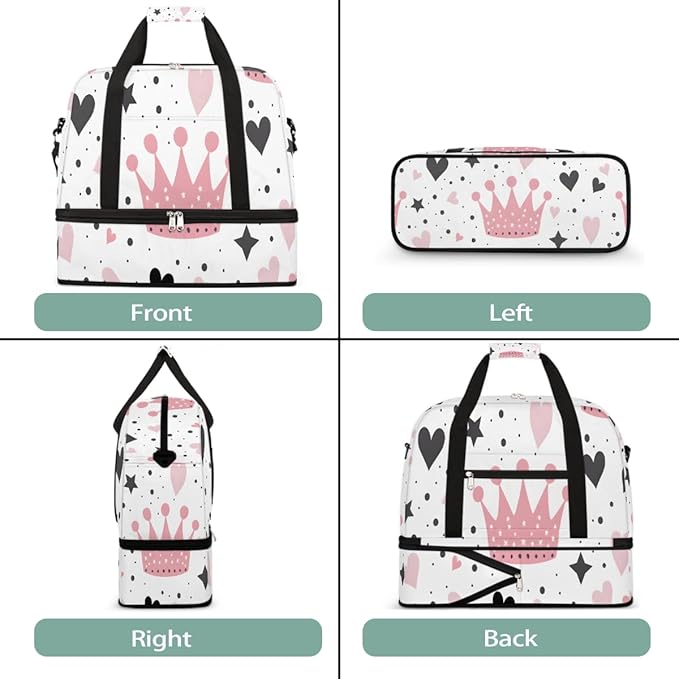 Pink Heart Star Crown Large Weekender Bag with Shoe Compartment Travel Duffel Bags for Women Carry On Hospital Overnight Bag Foldable Personal Item Travel Bags Tote Gym Sports Airplanes