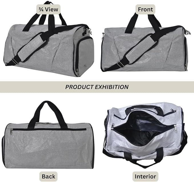 NGIL Glitter Cheers Sports Gym Duffel with Shoe Compartment and Small Carry on Travel Tote Bags for Women, Gym bag, Overnight bags for Women, Cheer Bag (Glitter-Silver)