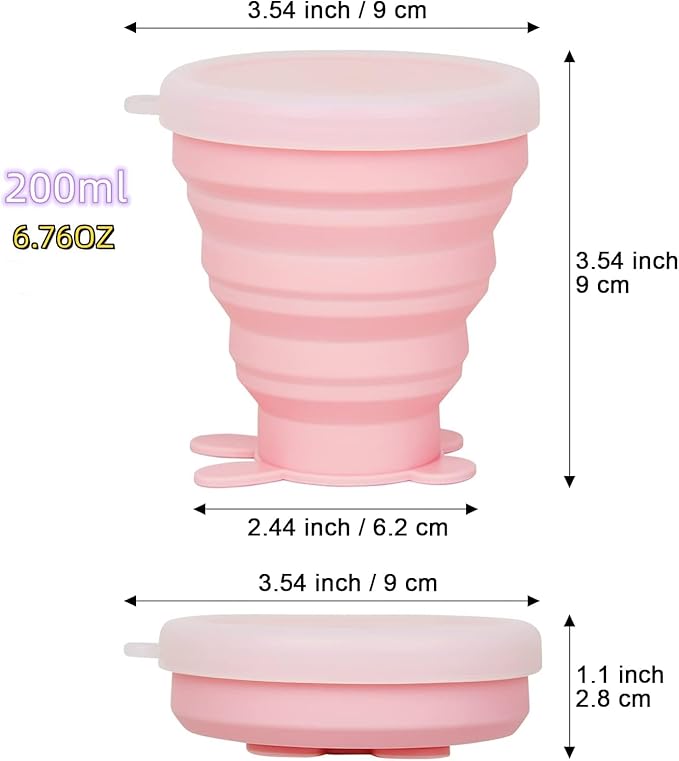 Reusable Foldable Silicone Water Cup, Portable Picnic Snacks Cup, Pocket Size Travel Cup Extensible, Collapsible Cups with Lid for Camping, Travel (Pink with Rope)