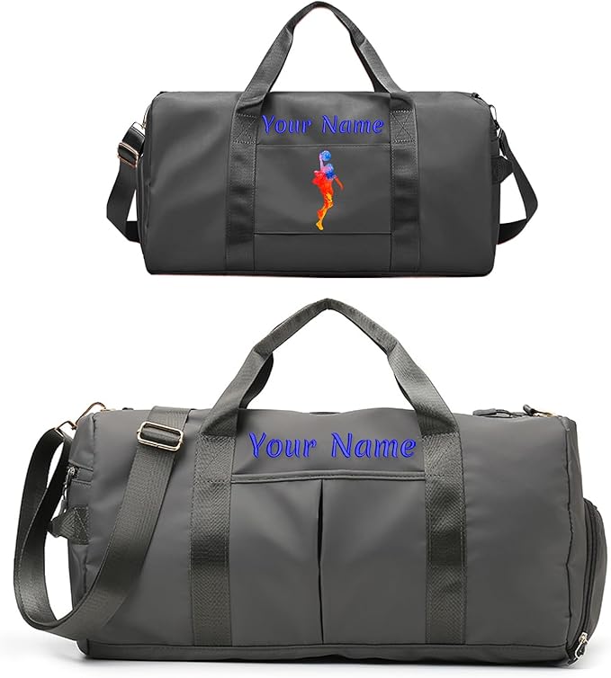 Custom Duffle Bag, Personalized Embroidered Sports Gym Bag for Women/Men, Travel Bag with Double-Sided Customization and Separate Wet and Dry Pockets and Shoe Bags-Gray