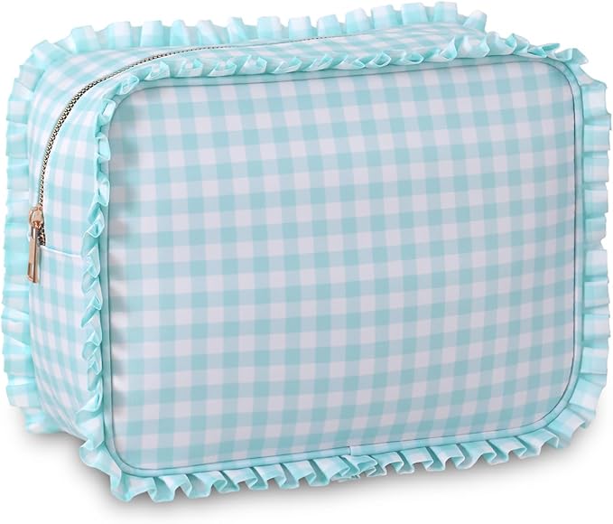 Gingham Ruffle Makeup Bag,Large Travel Cute Cosmetic Bag for Women Girls,Toiletry Bag Make up Organizer 10.8 x 4.5 x 8 inch (Mint Gingham)