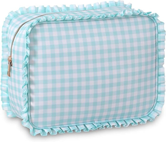 Gingham Ruffle Makeup Bag,Large Travel Cute Cosmetic Bag for Women Girls,Toiletry Bag Make up Organizer 10.8 x 4.5 x 8 inch (Mint Gingham)