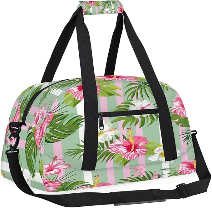 Duffle Bag for Women Men, Pink Green Stripe Flowers Gym Bag for Travel Sports, Lightweight Waterproof Weekender Overnight Bags with Adjustable Strap