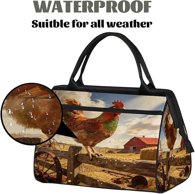 Travel Gym Carrying Bag - Autumn Farm Rooster Overnight Weekender Bag for Women Men Girls - Shoulder Large Capacity Tote Bag for Travel, Yoga, School,Mommy Hospital Bag for Labor and Delivery