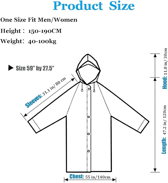 Raincoat, EVA Rain Coats Reusable Rain Ponchos Plastic Rain Jacket for Adults Men Women with Hood and Sleeves