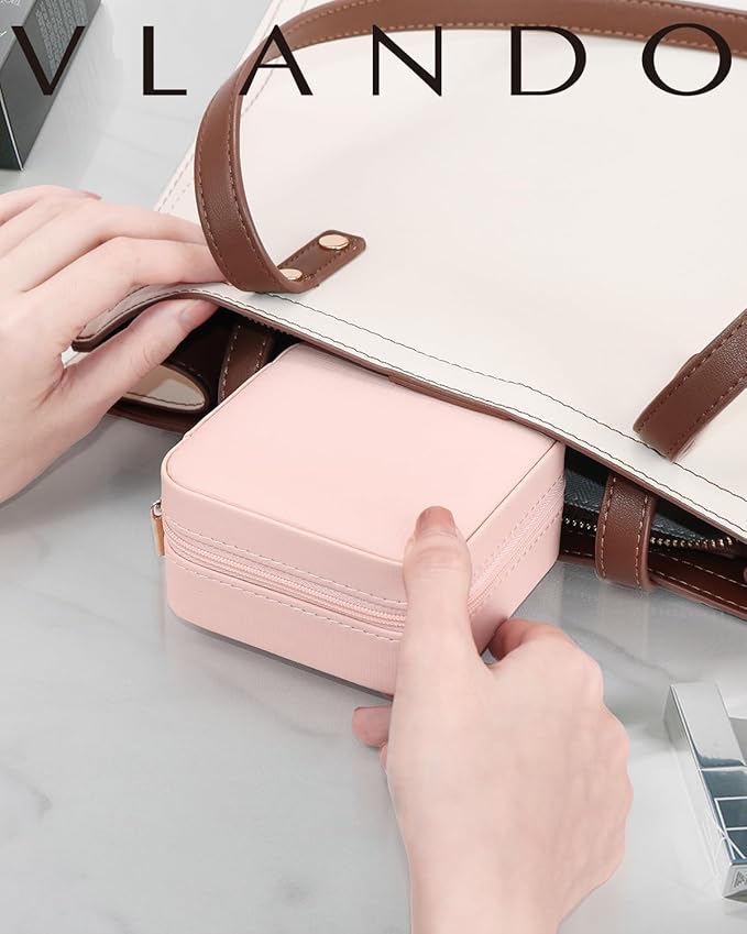 Vlando Bridesmaid Gifts - Small Travel Jewelry Box Organizer - Wedding Gifts for Girls Women Rings Earrings Necklaces Storage with Mirror - Milky White