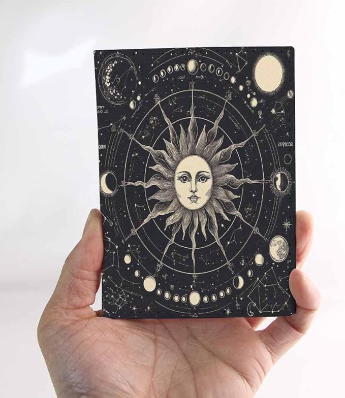 Moon Phases Passport Holder for Travel Vintage Engraving Style Zodiac Signs PU Leather Passport Cover Wallet Cute Passport Card Holder for Women and Men