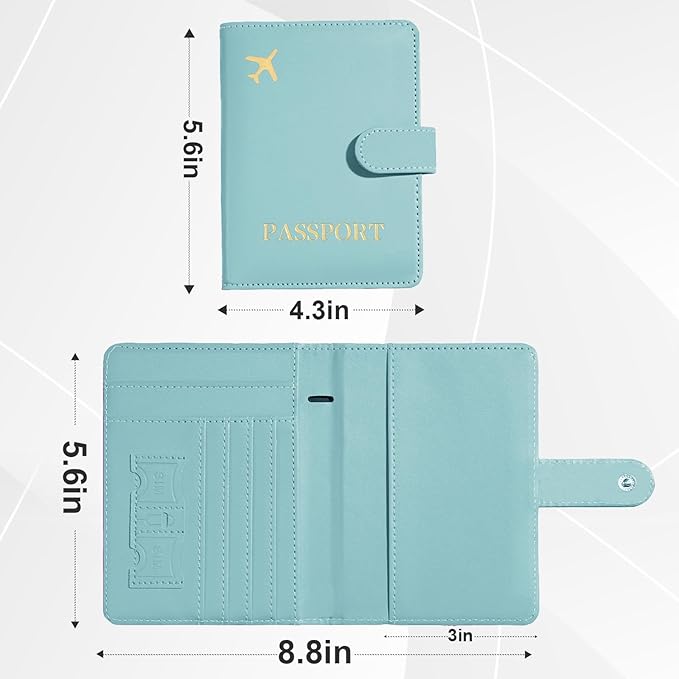 Passport Holder with Airtag Slot Cards Cash Air Ticket Pocket, Travle Gifts for Women Men RFID Blocking Wallet, Passport Book Cover Case Light Cyan