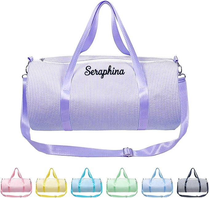 Personalized Seersucker Duffle Bag for Girls, Custom Dance Bag with Embroidered Name,Overnight Bag Ballet Gym Weekender Travel Bag