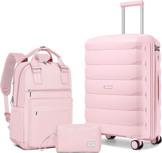 Carry On Luggage 22x14x9 Airline Approved, 22 Inch PP Hardshell Luggage Carry-on Suitcase with Spinner Wheels, Carry On Suitcase Set for Women (Pink)