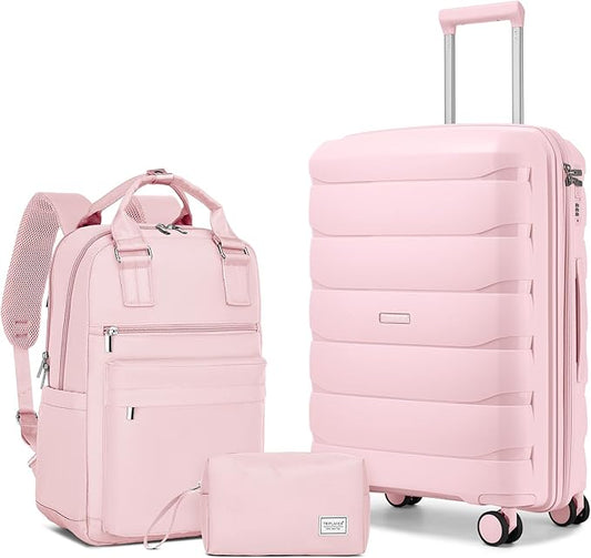 Carry On Luggage 22x14x9 Airline Approved, 22 Inch PP Hardshell Luggage Carry-on Suitcase with Spinner Wheels, Carry On Suitcase Set for Women (Pink)