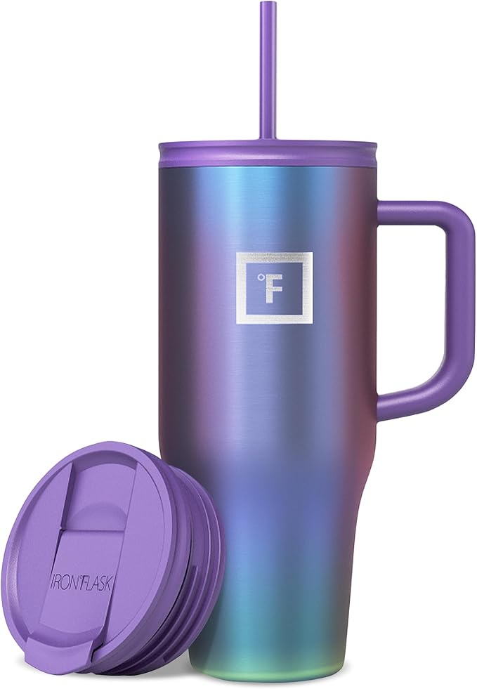 IRON °FLASK Co-Pilot Insulated Mug w/Straw & Flip Cap Lids - Cup Holder Bottle for Hot, Cold Drink - Leak-Proof - Water, Coffee Portable Travel Mug - Aurora, 32 Oz