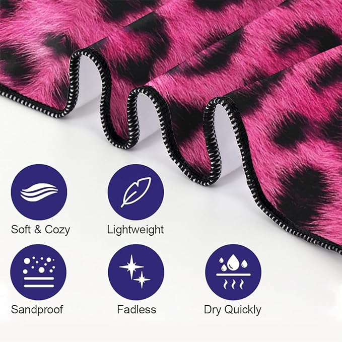Pink Leopard Print Love Beach Towel 36"x72" Quick-Dry Sand-Free Soft Microfiber for Pool Camping
