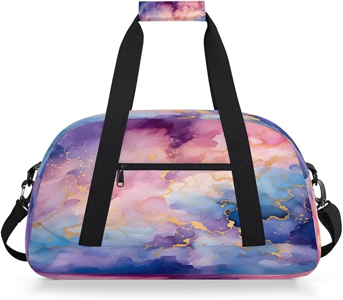 Duffle Bag for Women Men, Purple Blue Gold Marble Gym Bag for Travel Sports, Lightweight Waterproof Weekender Overnight Bags with Adjustable Strap