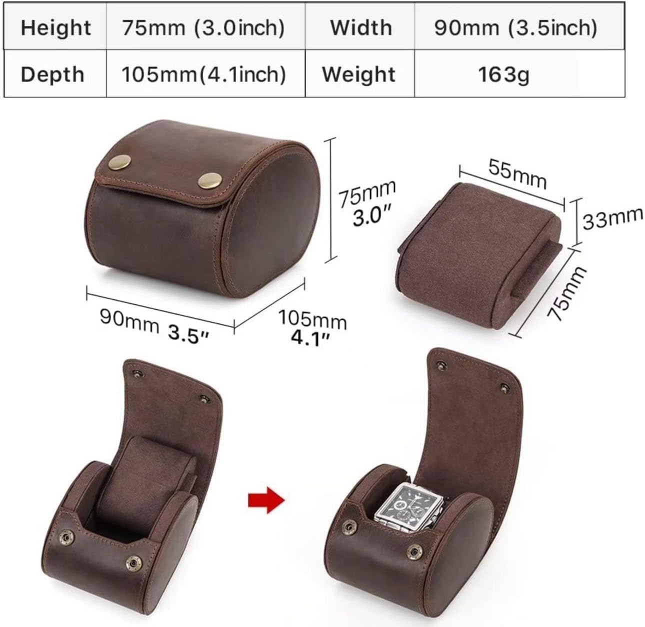 Leather Single Watch Case,Genuine Leather Vintage Watch Roll Travel Case for Storage Organizer Display (1 Slot)