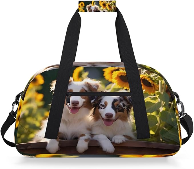 Travel Duffle Bag, Puppies By Sunflowers Waterproof Weekender Overnight Bags for Women Men Lightweight Carry on Duffle Gym Bag for Travel, Sports, Fitness, Workout