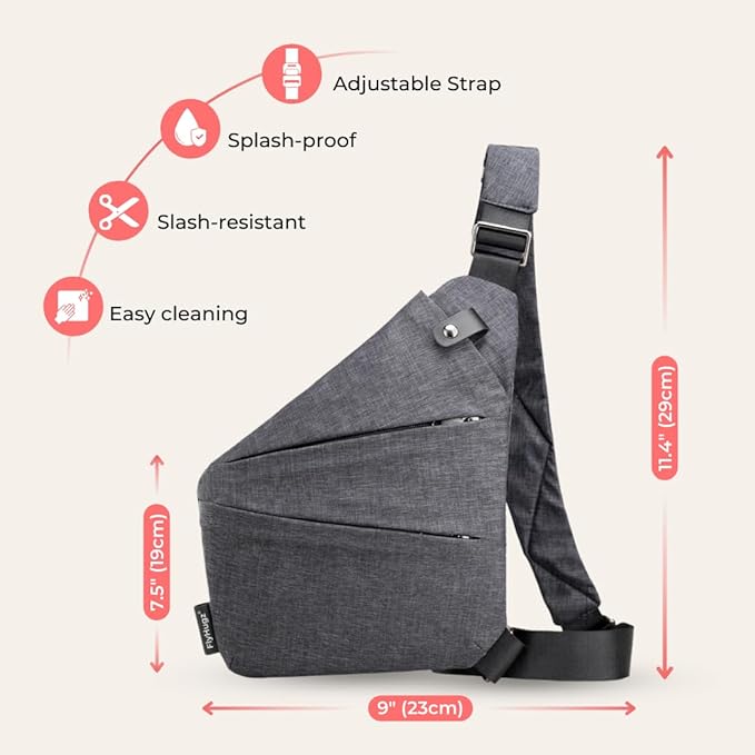 FlyHugz Anti-Theft Crossbody Sling Bag for Travel - Gray Canvas, Multi-Pocket Design for Men & Women, Water-Resistant