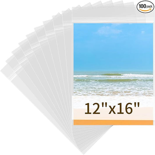 100 Pack Cellophane Bags 12x16 - Acid Free 1.57 mil (Single Side) Thick Heavy Duty Newspaper Protector Sleeves Self Adhesive 12x16 Poster Protector Crystal Clear Plastic Sleeves for Paper Photo