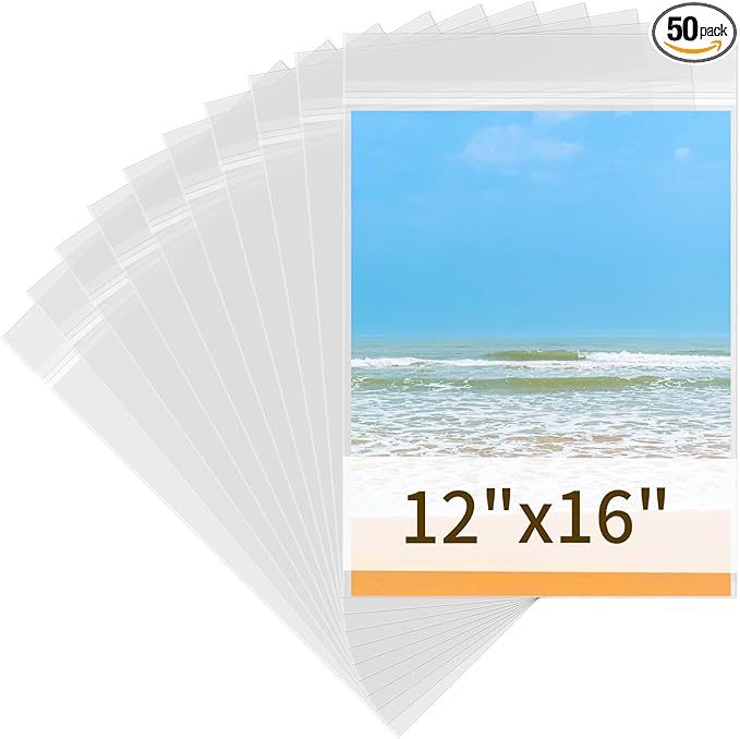 50 Pack Cellophane Bags 12x16 - Acid Free 1.57 mil (Single Side) Thick Heavy Duty Newspaper Protector Sleeves Self Adhesive 12x16 Poster Protector Crystal Clear Plastic Sleeves for Paper Photo