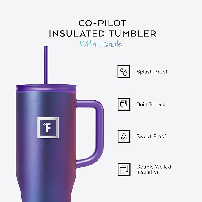 IRON °FLASK Co-Pilot Insulated Mug w/Straw & Flip Cap Lids - Cup Holder Bottle for Hot, Cold Drink - Leak-Proof - Water, Coffee Portable Travel Mug - Cobalt Blue, 40 Oz