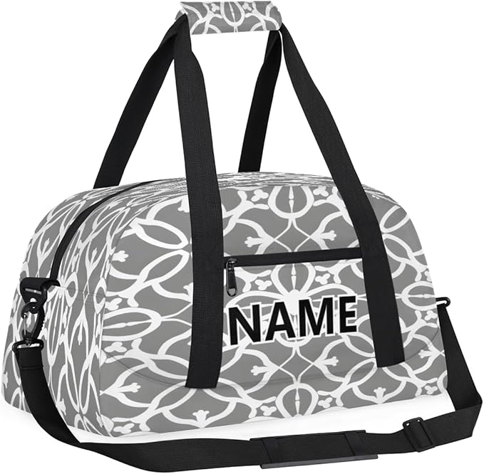 Grey and White Flowers Leaves Custom Small Gym Bag 18 inch for Women Men Personalized Geometric Leaf Floral Carry On Overnight Weekender Bag for Travel Work Dance Sport
