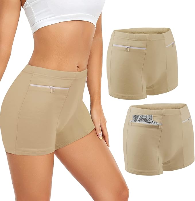 Women's Underwear with Secret Pocket Panties, 2 Packs Anti Pickpocket Travel Boxers (Nude)