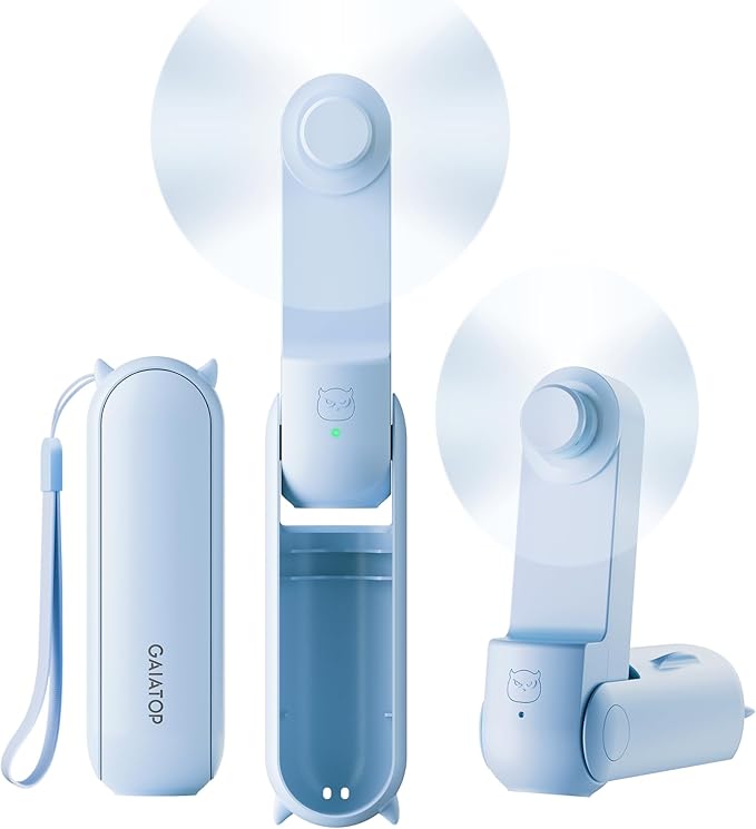 GAIATOP Portable Handheld Fan, 3 IN 1 Mini Foldable Travel Fans [17H Max Cooling Time] with Power Bank, Pocket Design USB Rechargeable for Travel Concert Lash Makeup, Summer Gifts for Women Girl, Blue