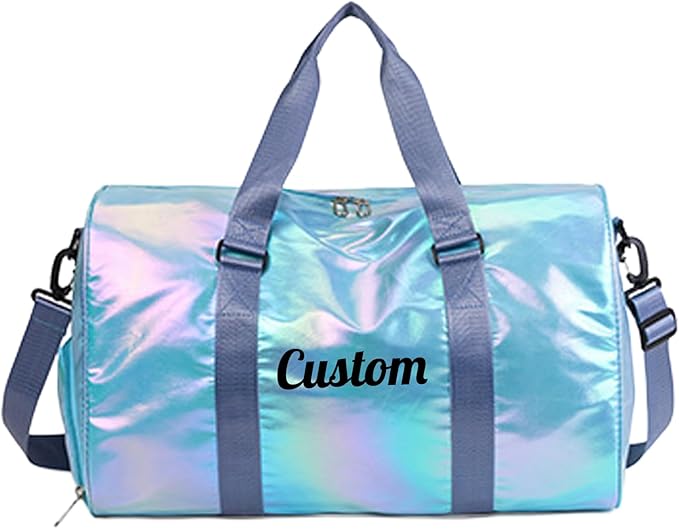 Personalized Holographic Gym Bag for Girls & Women, Custom Name Duffle Bag with Shoe Compartment & Wet Pocket, Weekender for Dance Cheer Travel (Blue)