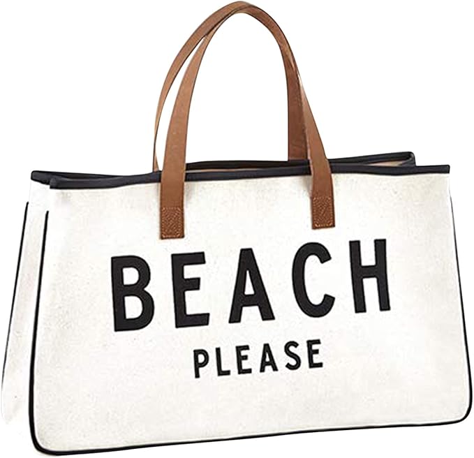 Santa Barbara Design Studio Womens Tote - Cotton Canvas Shoulder Bag with Leather Handles and Waterproof Lining, Large, Beach Please