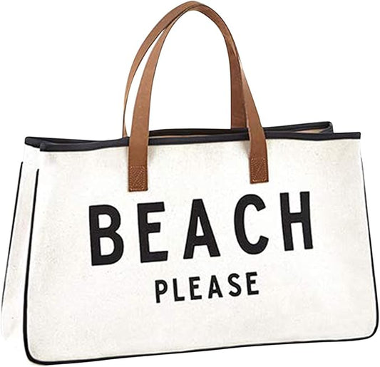 Santa Barbara Design Studio Womens Tote - Cotton Canvas Shoulder Bag with Leather Handles and Waterproof Lining, Large, Beach Please