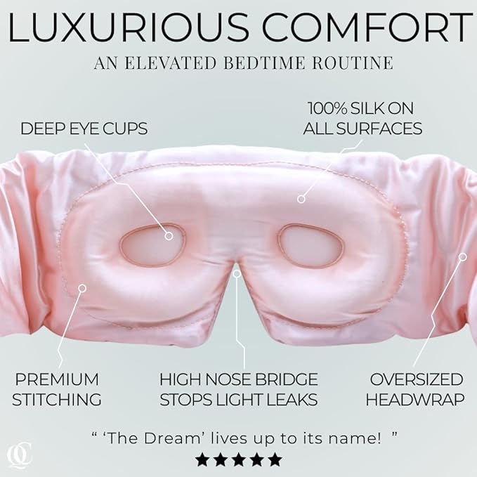 QUIET COVE Plush 3D Contoured Silk Sleep Mask - Total Blackout, 100% Silk 22 Momme, Foam Eye Cups Do Not Crush Eyelashes, Luxe Cloud Filling for Side Sleeping Comfort (Prosecco Pink) - Luxury Gift Box