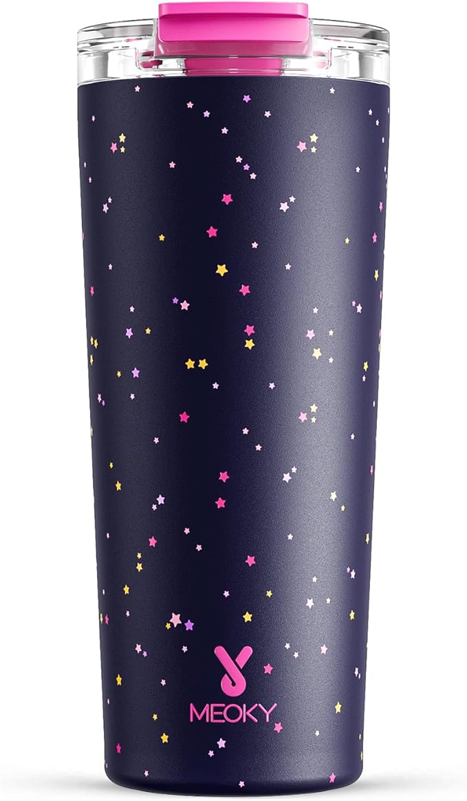 Meoky 24 oz Travel Coffee Mug with Leak-proof Lid, Stainless Steel Insulated Coffee Tumbler, Keeps Hot for 8 Hours or Cold for 24 Hours, Fits in Car Cup Holder (Plum Stardust)