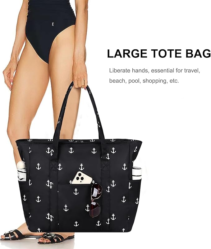 Octsky Large Beach Bags for Women - Waterproof Sandproof Beach Tote with Dual Zipper and Wet Pocket - 3 Outside Pockets