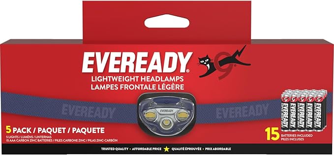 EVEREADY LED Headlamps Pro200 [5-Pack], IPX4 Water Resistant, Bright and Durable Head Lights for Camping, Hiking, Emergency Power Outage (Batteries Included)