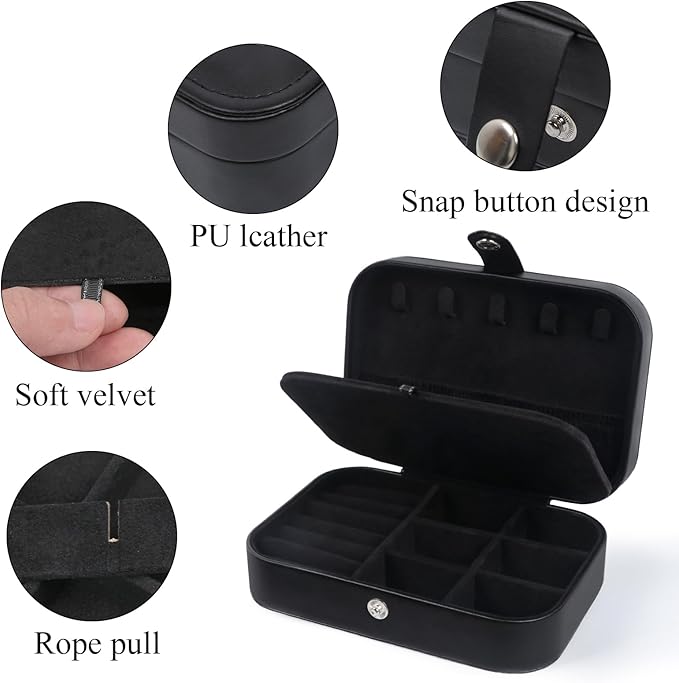 Travel Jewelry Box,Upgraded Travel Jewelry Case,Portable Jewelry Boxes for Women,PU Leather Jewelry Box,Travel Jewelry Organizer for Necklaces,Rings,Earrings,Bracelets,Black