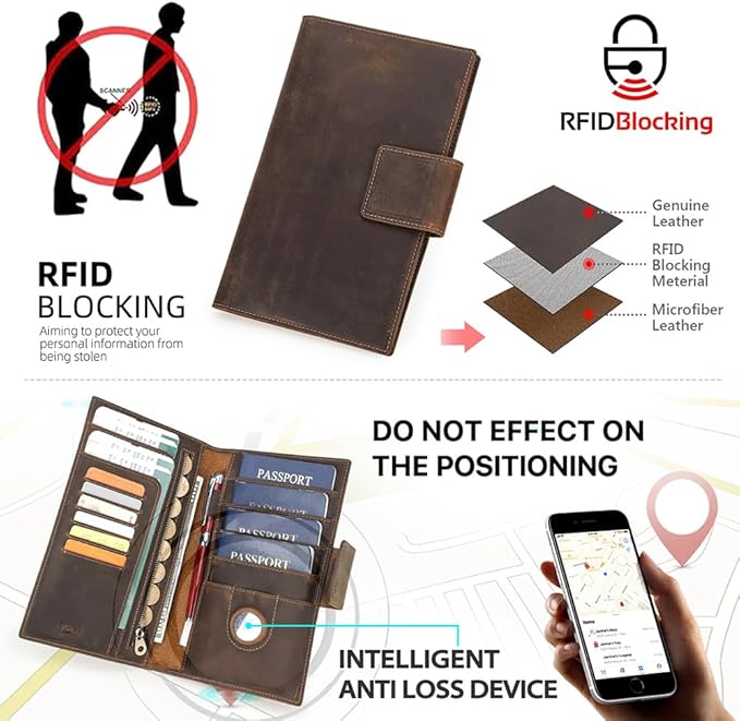 CONTACTS RFID Blocking Family Passport Holder for 4 Full Grain Leather Passport Wallet Compatible with Airtag Travel Passport Cover with 4 Passport Slot, 6 Card Slot (Brown)