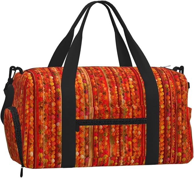 Red Gemstone Beads And Stripes Women'S Gym Duffle Bag With Shoes Compartment, Ideal For Travel, Gym, Sports, Duffel, Weekender