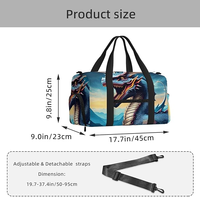 Roaring Dragon Print Gym Bag with Shoe Compartment for Women Men, 17.7in Sports Duffle Weekender Tote, Overnight Travel Duffel Bag Carry On